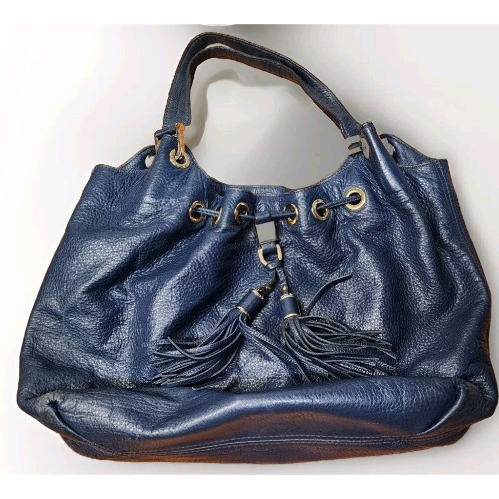 Michael Kors Camden Blue Pebble Leather Drawstring Tassel Adjustable Bag Purse
